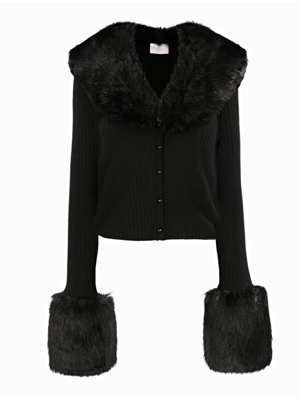 Selkie Black Rib-Knit Cropped Cardigan Sweater Button-Front Faux Fur Trim M